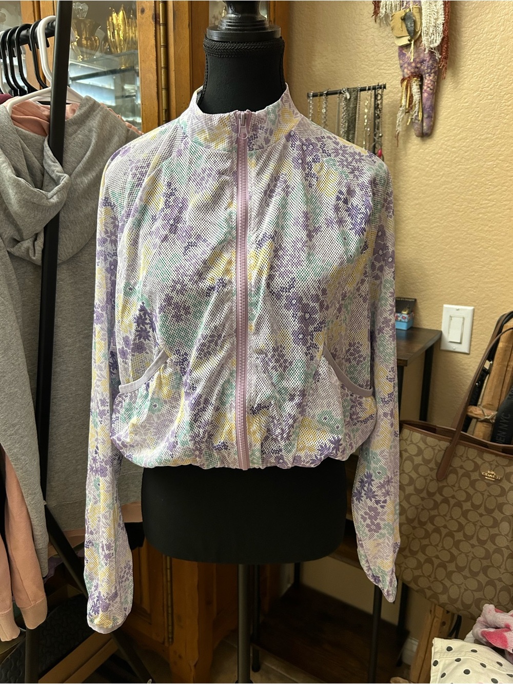 SHEIN Pastel Lavender Floral Zip Bomber Jacket